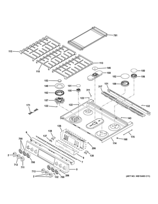 Control Panel & Cooktop Diagram and Parts List for PGS960EEL2ES  General Electric Range