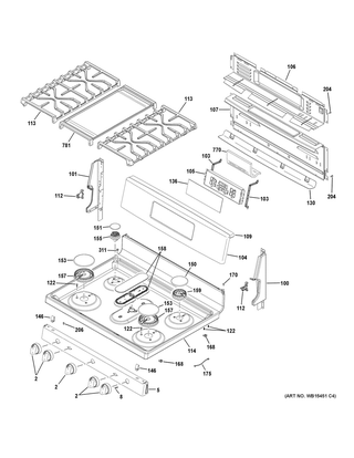 Control Panel & Cooktop Diagram and Parts List for JGB720SEJ5SS  General Electric Range