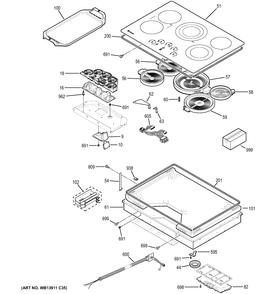 CONTROL PANEL & COOKTOP Diagram and Parts List for ZEU36RSJ2SS  General Electric Cooktop