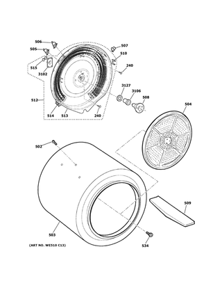 Drum Diagram and Parts List for GTDP490ED4WS  General Electric Dryer