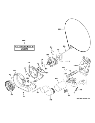 Gas Valve, Blower & Motor Assembly Diagram and Parts List for XUD27GSSM1WW  General Electric Washer Dryer Combo