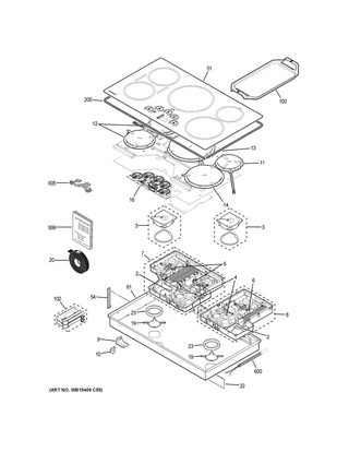 Control Panel & Cooktop Diagram and Parts List for ZHU36RDJ4BB  General Electric Cooktop
