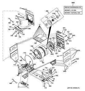 Cabinet Diagram and Parts List for GTUP240GM4WW  General Electric Washer Dryer Combo