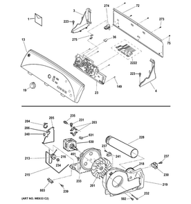 Backsplash, Blower & Drive Assembly Diagram and Parts List for GTDS580GD1WW  General Electric Dryer