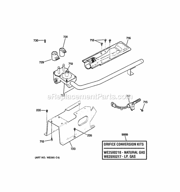 Gas Valve & Burner Assembly Diagram and Parts List for HTDX100PD1WW  General Electric Dryer