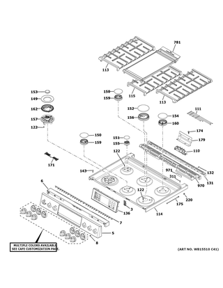 Control Panel & Cooktop Diagram and Parts List for CGS750P4M2W2  General Electric Range