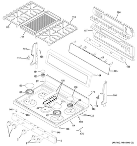 Control Panel & Cooktop Diagram and Parts List for PGB911DEJ3WW  General Electric Range