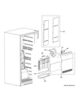 Freezer Section Diagram and Parts List for FUF14DLRCWW  General Electric Refrigerator