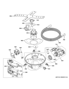 Motor, Sump And Filter Assembly Diagram and Parts List for CDT855P2N2S1  General Electric Dishwasher