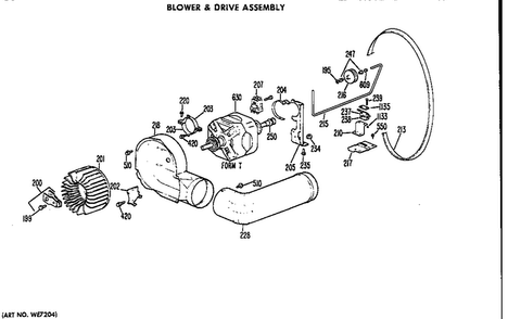 Blower And Drive Assembly Diagram and Parts List for DDC4498AEL  General Electric Dryer