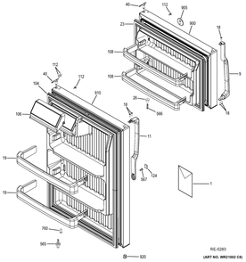 Doors Diagram and Parts List for GTR12BAXRWW  General Electric Refrigerator