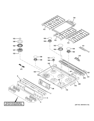Control Panel & Cooktop Diagram and Parts List for CGS750P4M1W2  General Electric Range