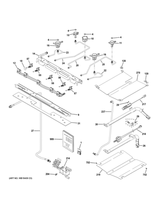 Gas & Burner Parts Diagram and Parts List for CGB500P3M1D1  General Electric Range