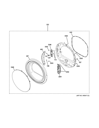 Door Diagram and Parts List for GFD43GSSM0WW  General Electric Dryer