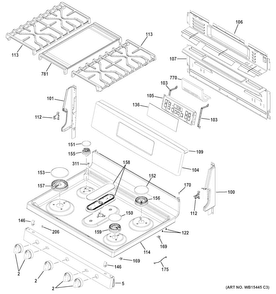 Control Panel & Cooktop Diagram and Parts List for JGB700SEJ1SS  General Electric Range