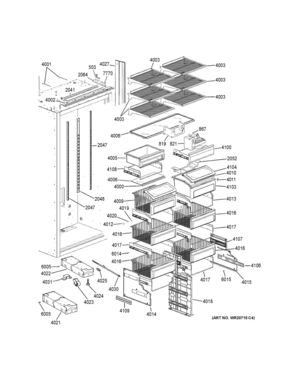 SHELVES DRAWERS Diagram and Parts List for ZIFP360NHBLH  General Electric Freezer