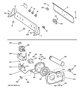 Backsplash, Blower & Motor Assembly Diagram and Parts List for GTDL210GD5WW  General Electric Dryer