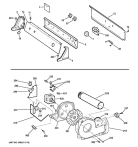 Backsplash, Blower & Motor Assembly Diagram and Parts List for DIST333JTNWW  General Electric Dryer