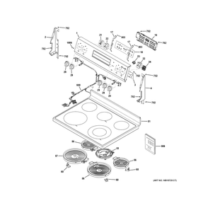 Control Panel & Cooktop Diagram and Parts List for GRF500PV2WW  General Electric Range