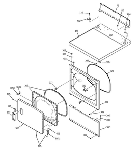 Door, Front, Access & Top Panel Diagram and Parts List for DDSS475GA1WW  General Electric Dryer