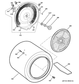 Drum Diagram and Parts List for GTDL210ED5WW  General Electric Dryer