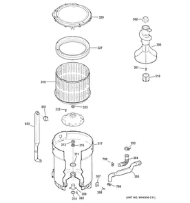 Tub, Basket & Agitator Diagram and Parts List for GTWP1800H0WS  General Electric Washer