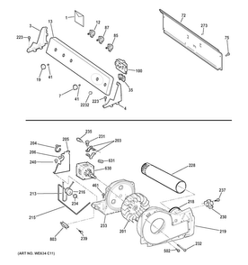 Backsplash, Blower & Drive Assembly Diagram and Parts List for GTDP280ED3WW  General Electric Dryer