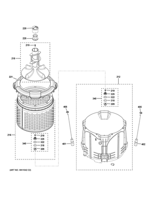 Tub & Basket Assembly Diagram and Parts List for XUD27GSSM1WW  General Electric Washer Dryer Combo