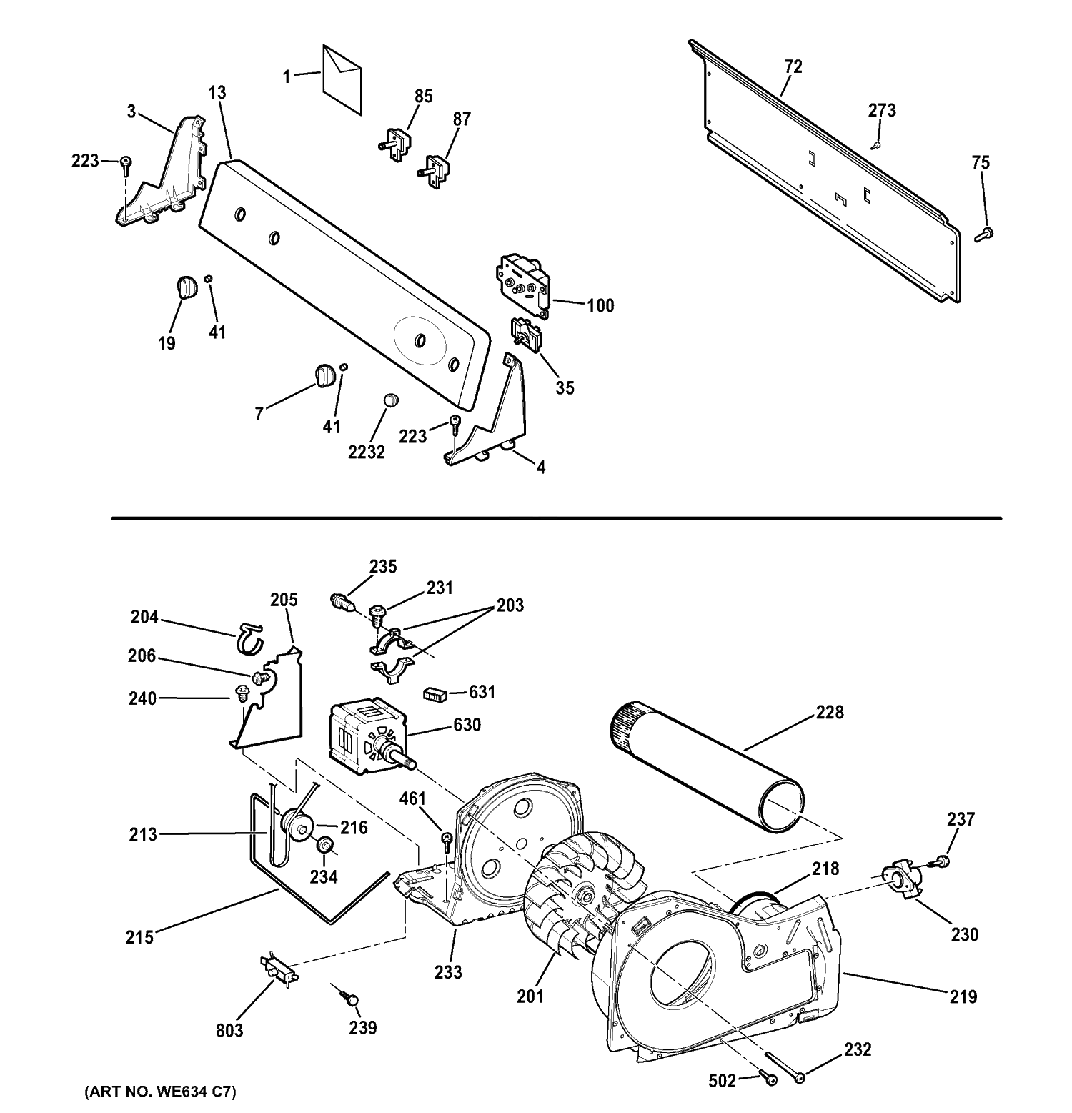 Backsplash, Blower & Motor Assembly Diagram and Parts List for GTDP180ED0WW  General Electric Dryer