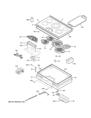 Control Panel & Cooktop Diagram and Parts List for CEP90362N1SS  General Electric Cooktop