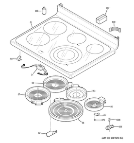 Cooktop Diagram and Parts List for PB930DH2BB  General Electric Range
