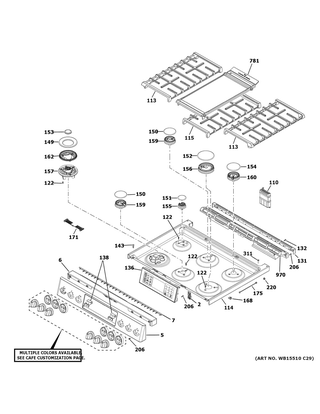 Control Panel & Cooktop Diagram and Parts List for C2S900P4M1W2  General Electric Range