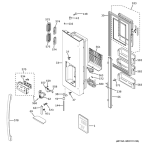 Dispenser Door Diagram and Parts List for GFE26JYMYFFS  General Electric Refrigerator