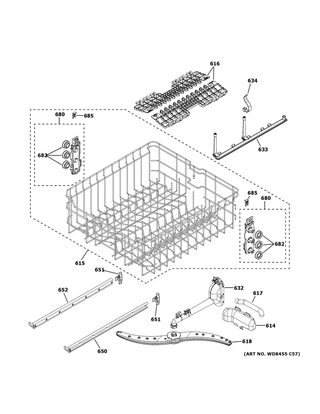 Upper Rack Assembly Diagram and Parts List for GDT645SSN0SS  General Electric Dishwasher