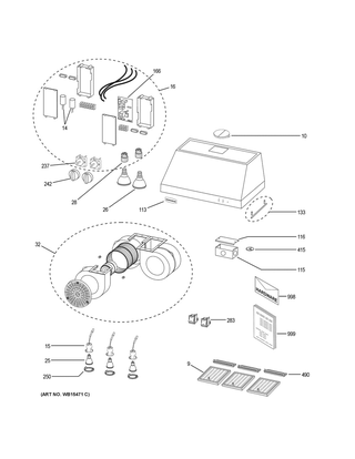 Range Hood Diagram and Parts List for ZV48SSJ2SS  General Electric Range Hood