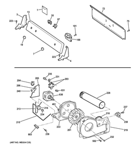 Backsplash, Blower & Motor Assembly Diagram and Parts List for HTDP120ED4WW  Hotpoint Dryer