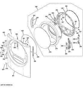 Front Panel & Door Diagram and Parts List for GFDR270GH1WW  General Electric Dryer