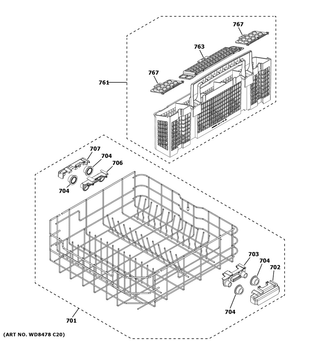 Lower Rack Assembly Diagram and Parts List for GDT540PSM0SS  General Electric Dishwasher