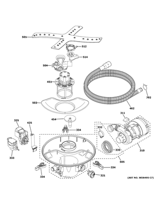 Motor, Sump & Filter Assembly Diagram and Parts List for CDT845P3N1D1  General Electric Dishwasher