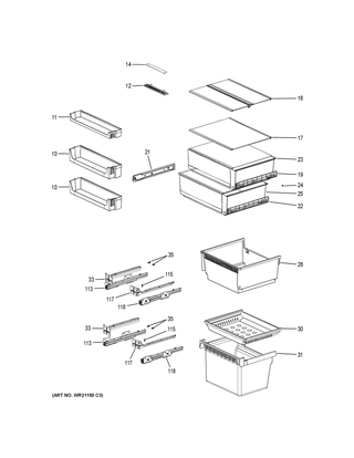 Shelves & Drawers Diagram and Parts List for GLE12HSLBRSS  General Electric Refrigerator