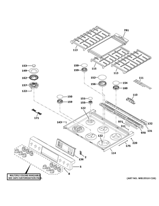 Control Panel & Cooktop Diagram and Parts List for CGS750P2M1S1  General Electric Range