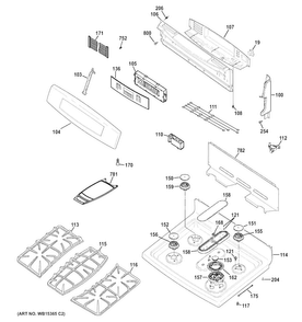Control Panel & Cooktop Diagram and Parts List for P2B940SEH1SS  General Electric Range