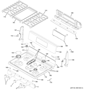 Control Panel & Cooktop Diagram and Parts List for JGB860EEJ1ES  General Electric Range