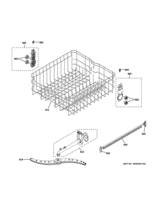 Upper Rack Assembly Diagram and Parts List for GDF510PGM0BB  General Electric Dishwasher