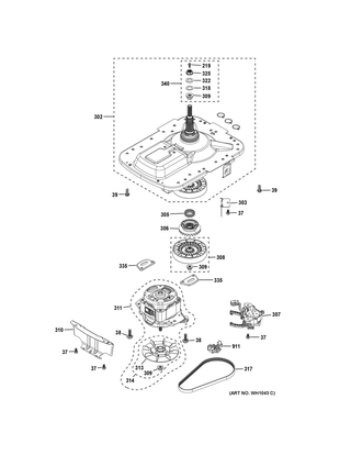 Motor & Drive Assembly Diagram and Parts List for XUD27GSSM1WW  General Electric Washer Dryer Combo