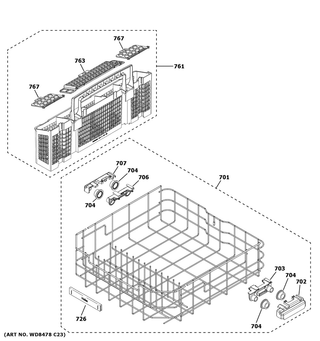 Part Location Diagram of WD28X25690 GE Complete Lower Rack Asm