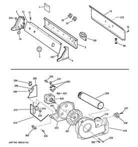 Backsplash, Blower & Motor Assembly Diagram and Parts List for GIDP100JD4WW  General Electric Dryer