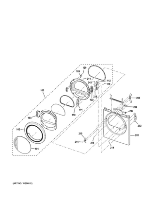 Front Panel & Door Diagram and Parts List for DCVH480EK1WW  General Electric Dryer
