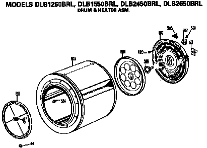 Drum And Heater Assembly Diagram and Parts List for DLB2650BRL  Hotpoint Dryer