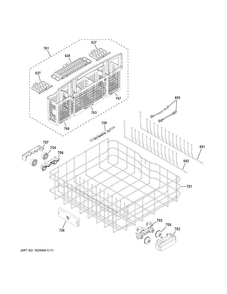 Lower Rack Assembly Diagram and Parts List for PDT750SMF1ES  General Electric Dishwasher